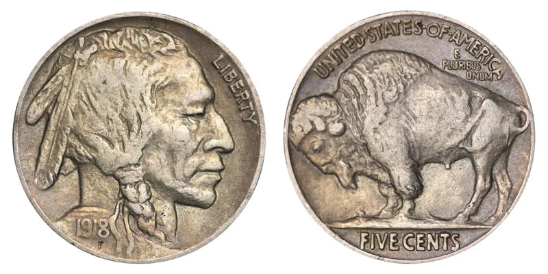 1918 Buffalo nickel obverse and reverse showing the Indian portrait, buffalo, and mint mark area
