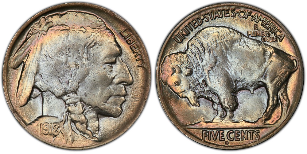 Side-by-side date comparison: regular 1918-D nickel (left) vs 1918/7-D overdate showing remnants of the 7 under the 8 (right)