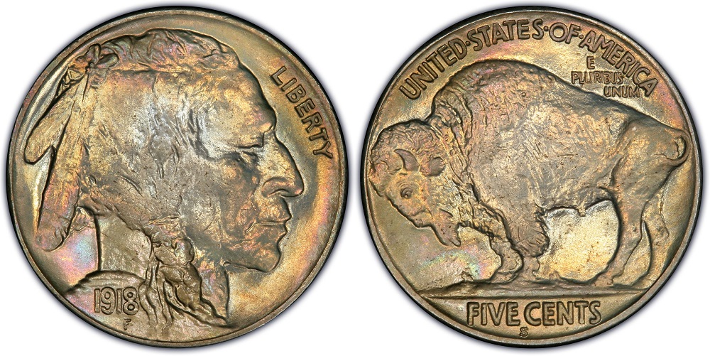 1918-S Buffalo nickel reverse showing the S mint mark below FIVE CENTS