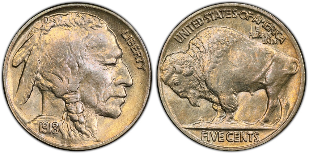 1918 Buffalo nickel Two Feathers variety FS-401 showing only two headdress feathers instead of the normal three