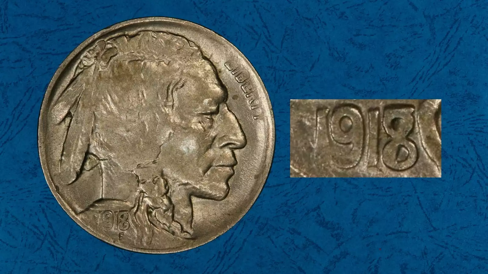 1918 Buffalo nickel Doubled Die Reverse FS-801 showing doubling on the FIVE CENTS lettering on the reverse