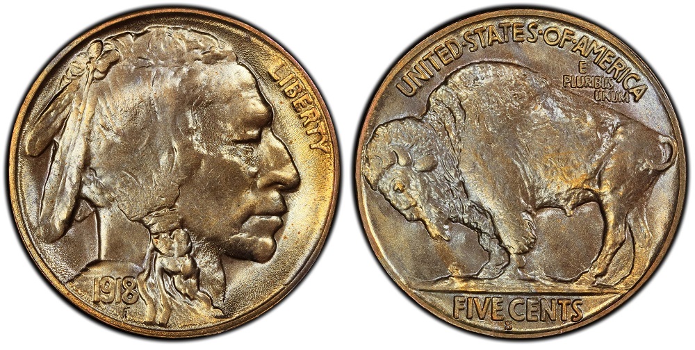 Grading strip showing four 1918 Buffalo nickels from worn Good-4 through circulated VF-20 through uncirculated MS-62 to gem MS-65